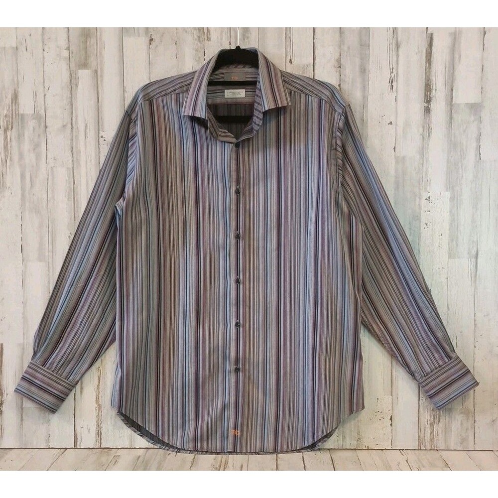 THOMAS DEAN TD Mens L Pima Cotton Shirt Flip Cuff  Striped Long Sleeve